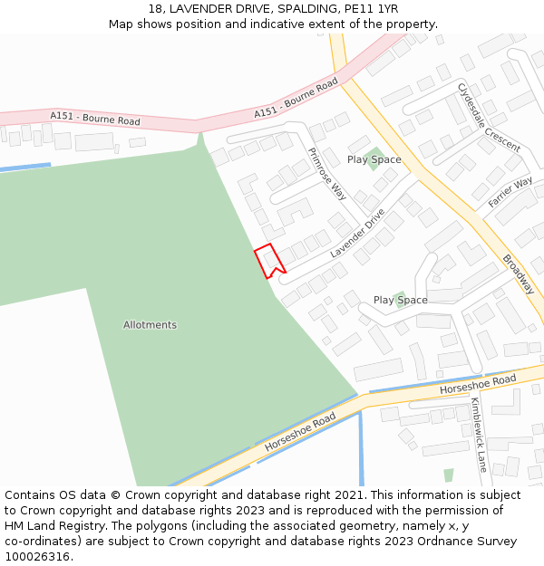 18, LAVENDER DRIVE, SPALDING, PE11 1YR: Location map and indicative extent of plot