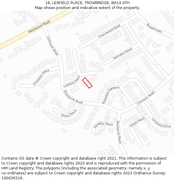 18, LEAFIELD PLACE, TROWBRIDGE, BA14 9TH: Location map and indicative extent of plot