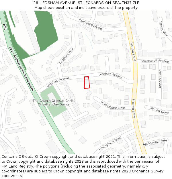 18, LEDSHAM AVENUE, ST LEONARDS-ON-SEA, TN37 7LE: Location map and indicative extent of plot