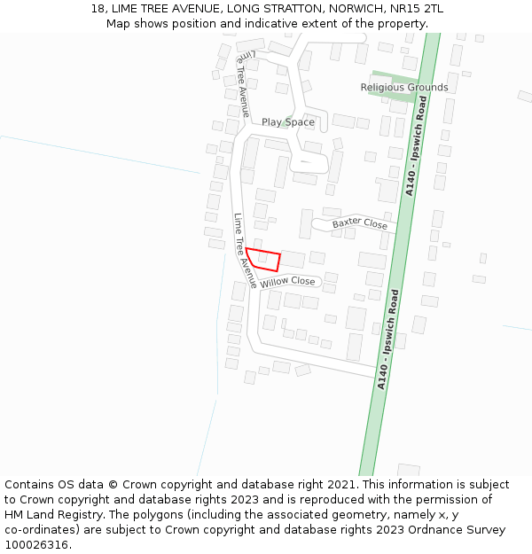 18, LIME TREE AVENUE, LONG STRATTON, NORWICH, NR15 2TL: Location map and indicative extent of plot