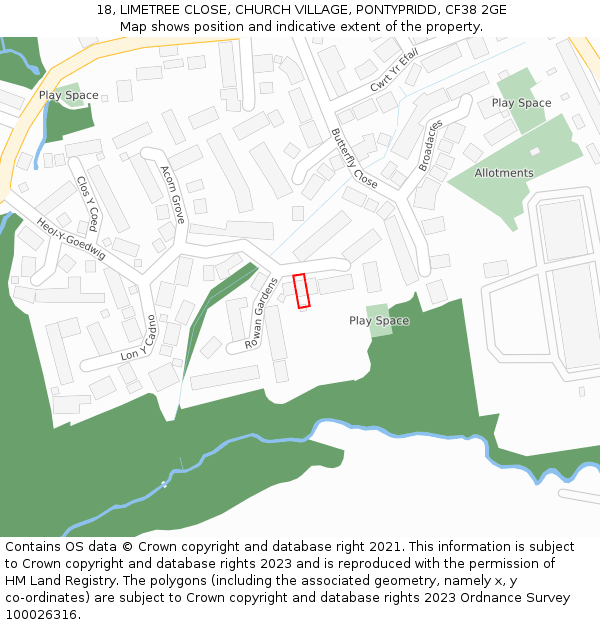 18, LIMETREE CLOSE, CHURCH VILLAGE, PONTYPRIDD, CF38 2GE: Location map and indicative extent of plot