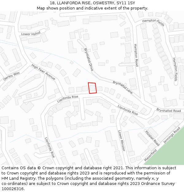 18, LLANFORDA RISE, OSWESTRY, SY11 1SY: Location map and indicative extent of plot