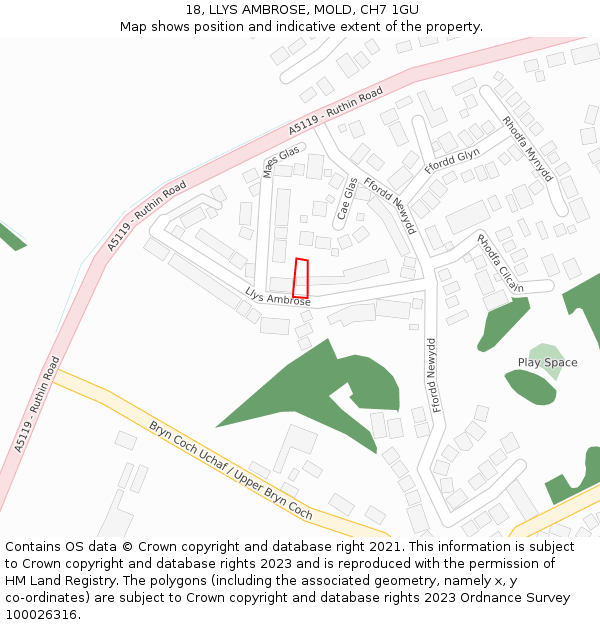 18, LLYS AMBROSE, MOLD, CH7 1GU: Location map and indicative extent of plot