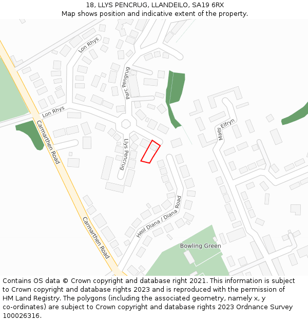 18, LLYS PENCRUG, LLANDEILO, SA19 6RX: Location map and indicative extent of plot