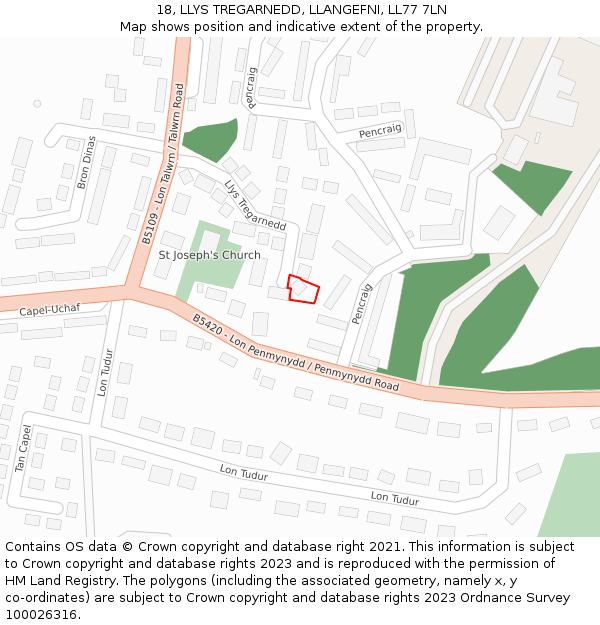 18, LLYS TREGARNEDD, LLANGEFNI, LL77 7LN: Location map and indicative extent of plot