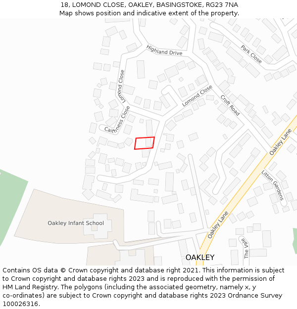 18, LOMOND CLOSE, OAKLEY, BASINGSTOKE, RG23 7NA: Location map and indicative extent of plot