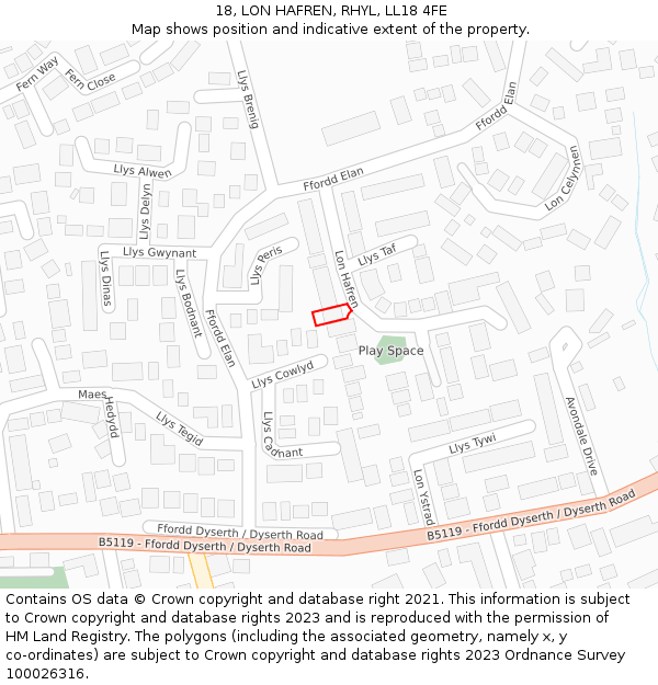 18, LON HAFREN, RHYL, LL18 4FE: Location map and indicative extent of plot