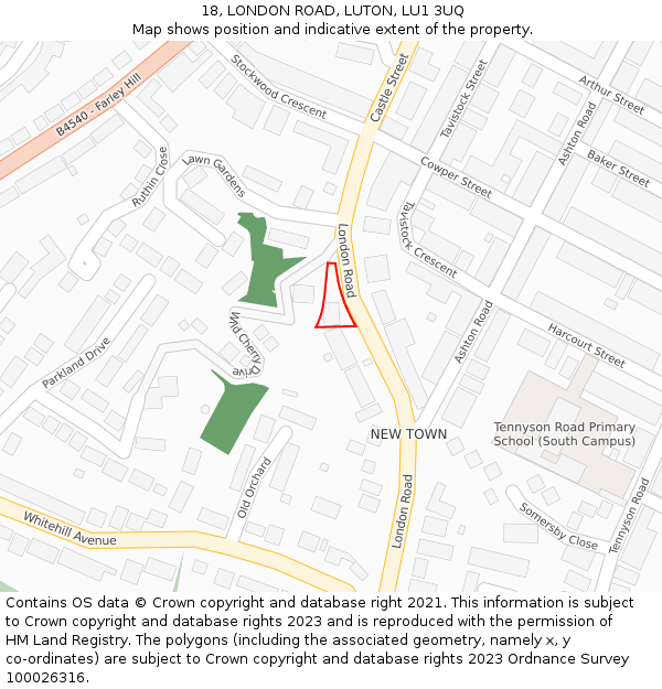 18, LONDON ROAD, LUTON, LU1 3UQ: Location map and indicative extent of plot