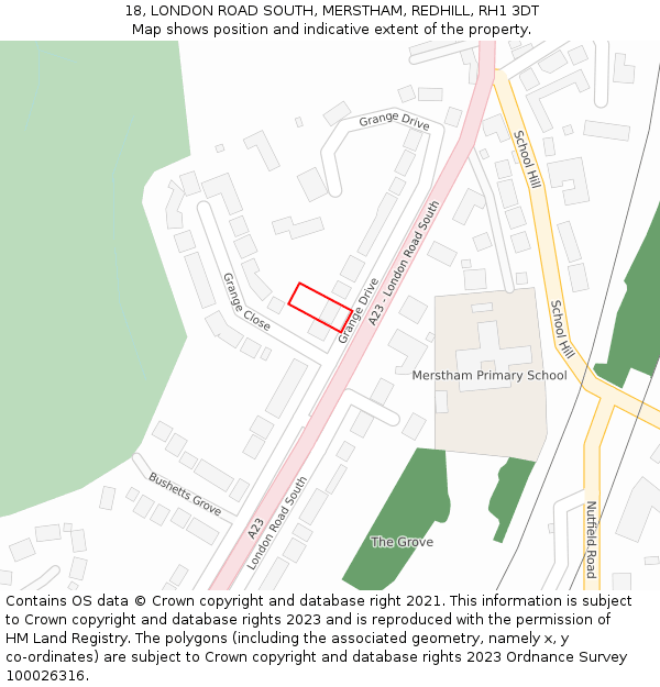18, LONDON ROAD SOUTH, MERSTHAM, REDHILL, RH1 3DT: Location map and indicative extent of plot