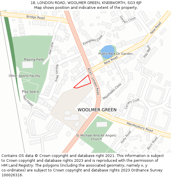 18, LONDON ROAD, WOOLMER GREEN, KNEBWORTH, SG3 6JP: Location map and indicative extent of plot