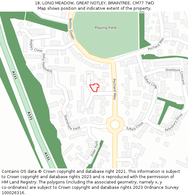 18, LONG MEADOW, GREAT NOTLEY, BRAINTREE, CM77 7WD: Location map and indicative extent of plot