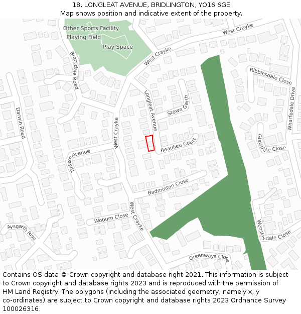 18, LONGLEAT AVENUE, BRIDLINGTON, YO16 6GE: Location map and indicative extent of plot
