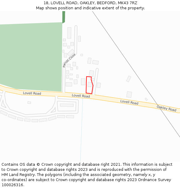 18, LOVELL ROAD, OAKLEY, BEDFORD, MK43 7RZ: Location map and indicative extent of plot