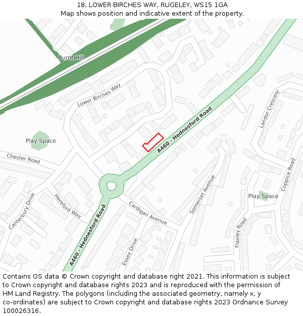 18, LOWER BIRCHES WAY, RUGELEY, WS15 1GA: Location map and indicative extent of plot