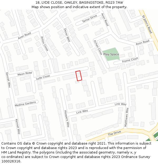 18, LYDE CLOSE, OAKLEY, BASINGSTOKE, RG23 7AW: Location map and indicative extent of plot