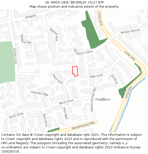 18, MACE VIEW, BEVERLEY, HU17 8YP: Location map and indicative extent of plot