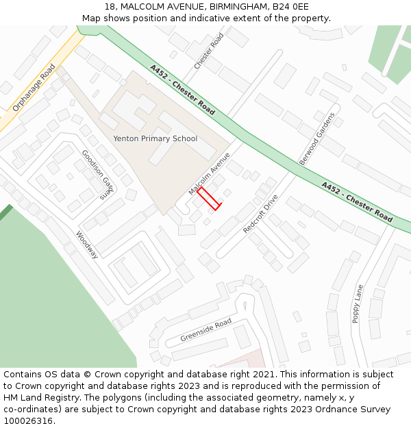 18, MALCOLM AVENUE, BIRMINGHAM, B24 0EE: Location map and indicative extent of plot
