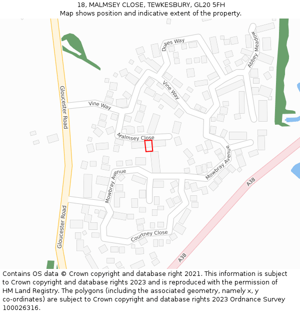 18, MALMSEY CLOSE, TEWKESBURY, GL20 5FH: Location map and indicative extent of plot