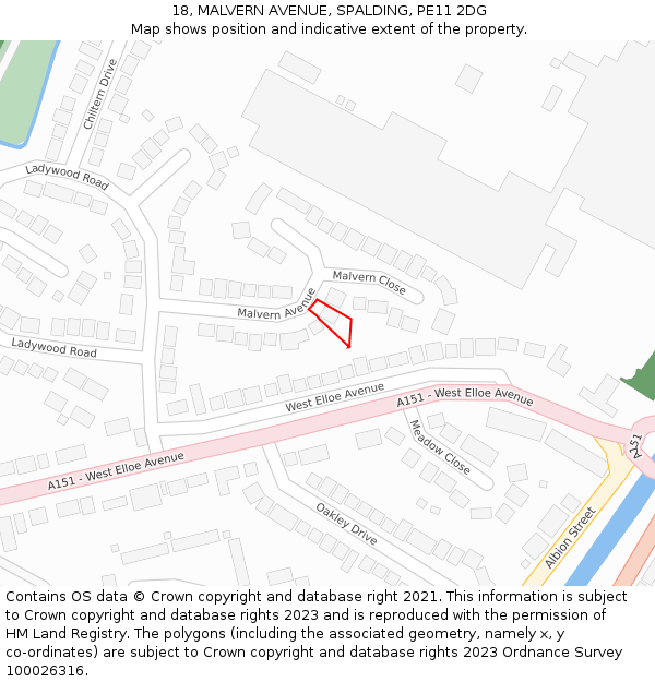 18, MALVERN AVENUE, SPALDING, PE11 2DG: Location map and indicative extent of plot