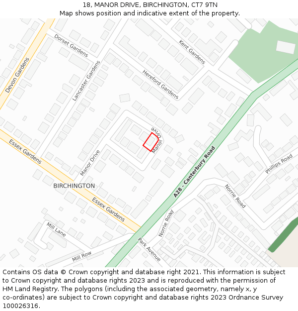 18, MANOR DRIVE, BIRCHINGTON, CT7 9TN: Location map and indicative extent of plot