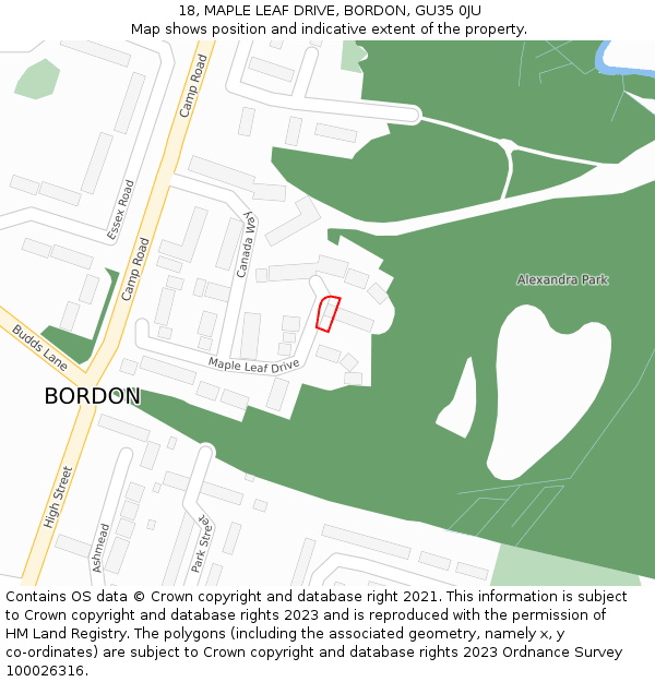 18, MAPLE LEAF DRIVE, BORDON, GU35 0JU: Location map and indicative extent of plot