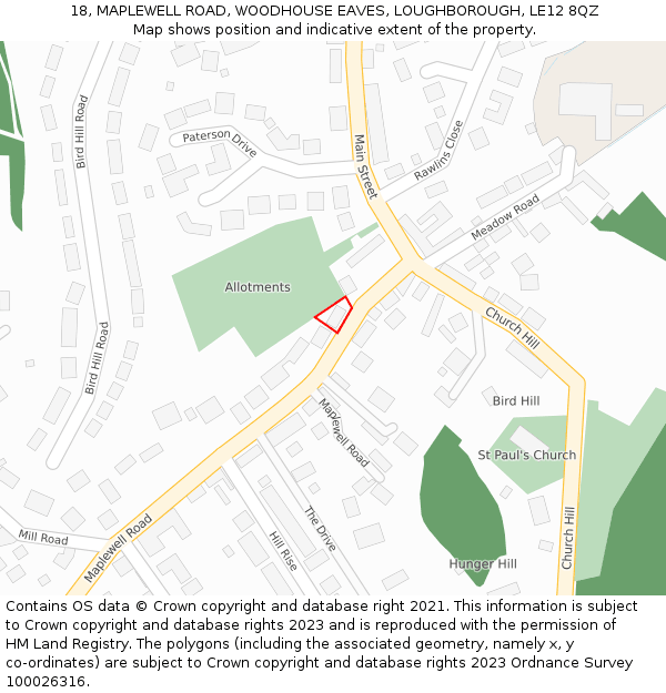 18, MAPLEWELL ROAD, WOODHOUSE EAVES, LOUGHBOROUGH, LE12 8QZ: Location map and indicative extent of plot