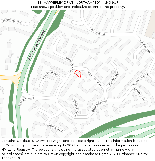 18, MAPPERLEY DRIVE, NORTHAMPTON, NN3 9UF: Location map and indicative extent of plot