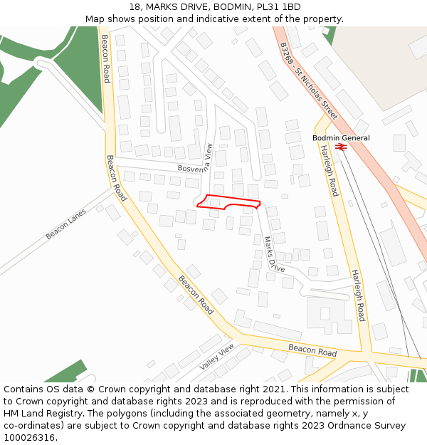 18, MARKS DRIVE, BODMIN, PL31 1BD: Location map and indicative extent of plot