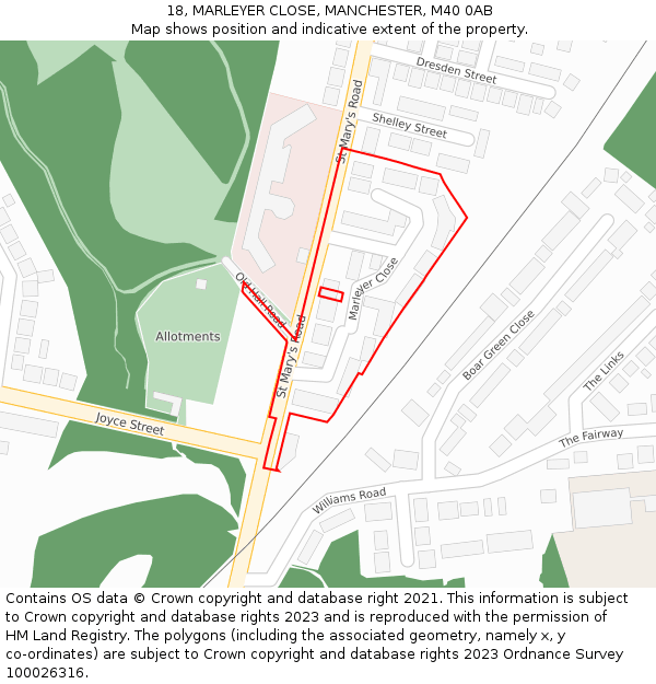 18, MARLEYER CLOSE, MANCHESTER, M40 0AB: Location map and indicative extent of plot