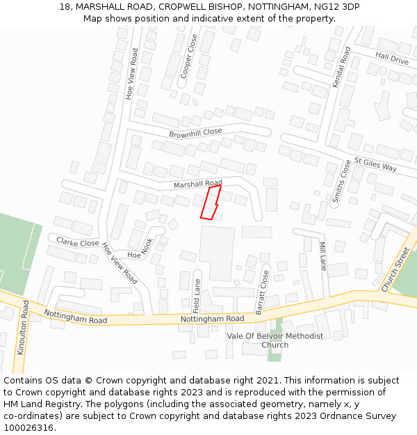 18, MARSHALL ROAD, CROPWELL BISHOP, NOTTINGHAM, NG12 3DP: Location map and indicative extent of plot