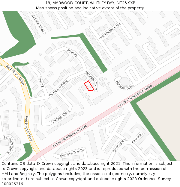 18, MARWOOD COURT, WHITLEY BAY, NE25 9XR: Location map and indicative extent of plot