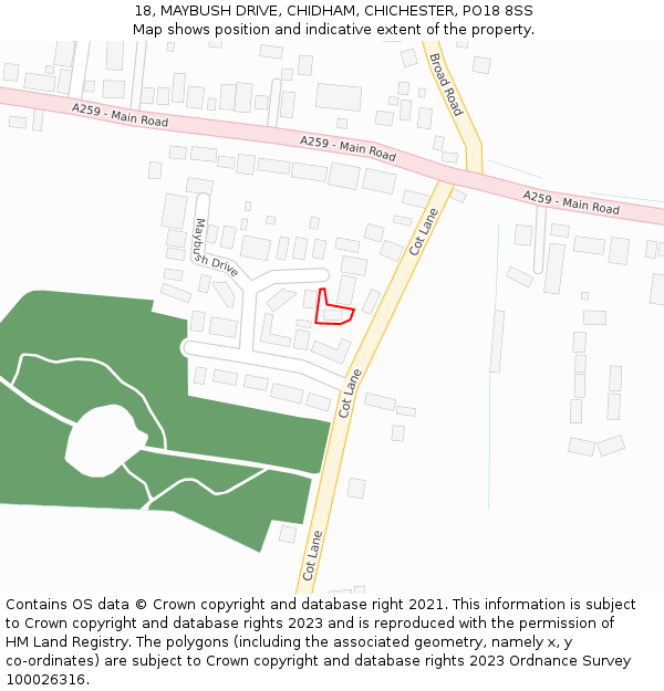 18, MAYBUSH DRIVE, CHIDHAM, CHICHESTER, PO18 8SS: Location map and indicative extent of plot