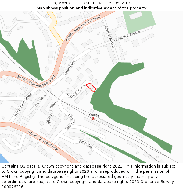 18, MAYPOLE CLOSE, BEWDLEY, DY12 1BZ: Location map and indicative extent of plot