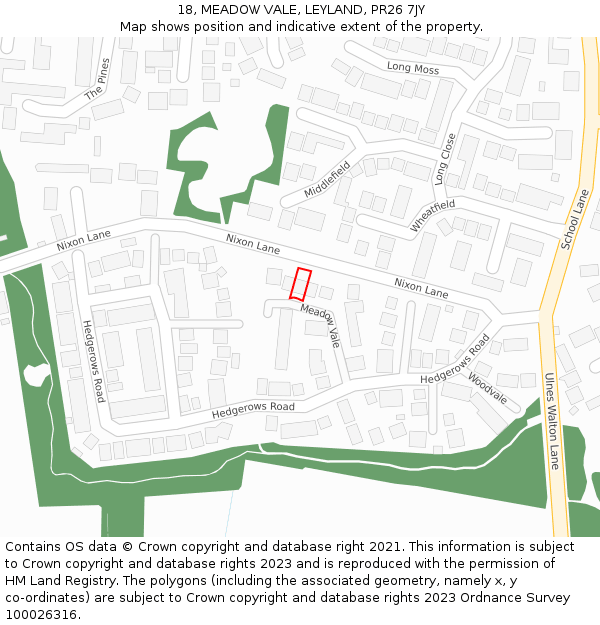 18, MEADOW VALE, LEYLAND, PR26 7JY: Location map and indicative extent of plot