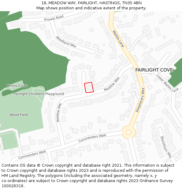 18, MEADOW WAY, FAIRLIGHT, HASTINGS, TN35 4BN: Location map and indicative extent of plot