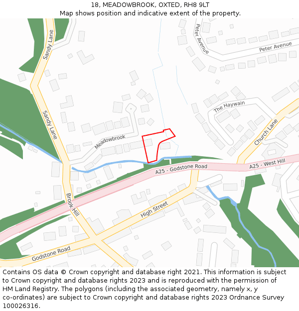 18, MEADOWBROOK, OXTED, RH8 9LT: Location map and indicative extent of plot