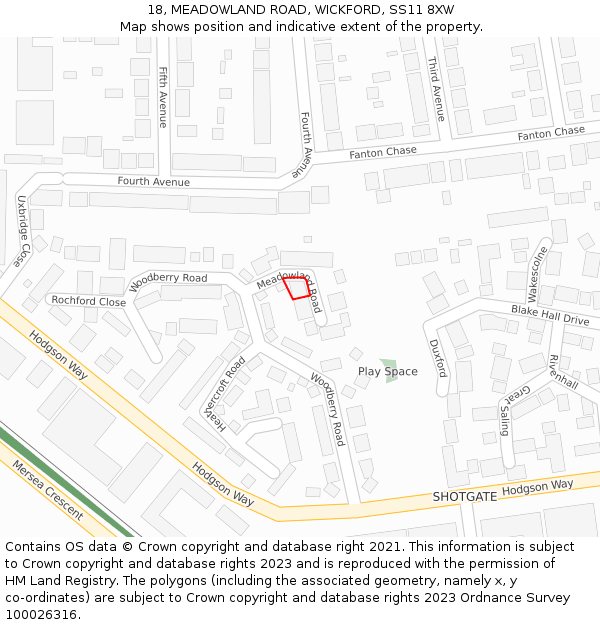 18, MEADOWLAND ROAD, WICKFORD, SS11 8XW: Location map and indicative extent of plot