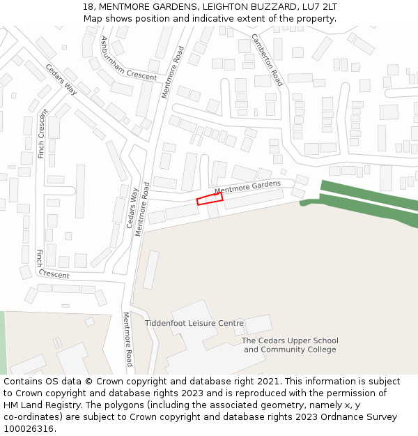 18, MENTMORE GARDENS, LEIGHTON BUZZARD, LU7 2LT: Location map and indicative extent of plot