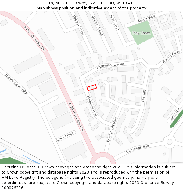 18, MEREFIELD WAY, CASTLEFORD, WF10 4TD: Location map and indicative extent of plot