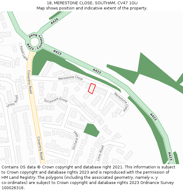 18, MERESTONE CLOSE, SOUTHAM, CV47 1GU: Location map and indicative extent of plot