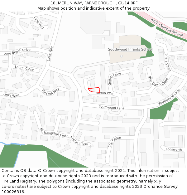 18, MERLIN WAY, FARNBOROUGH, GU14 0PF: Location map and indicative extent of plot