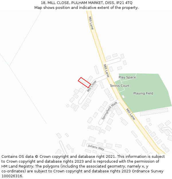 18, MILL CLOSE, PULHAM MARKET, DISS, IP21 4TQ: Location map and indicative extent of plot