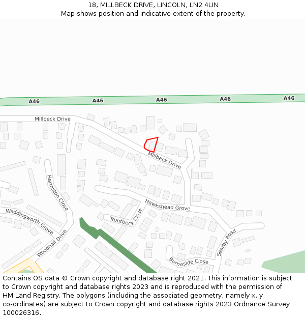 18, MILLBECK DRIVE, LINCOLN, LN2 4UN: Location map and indicative extent of plot