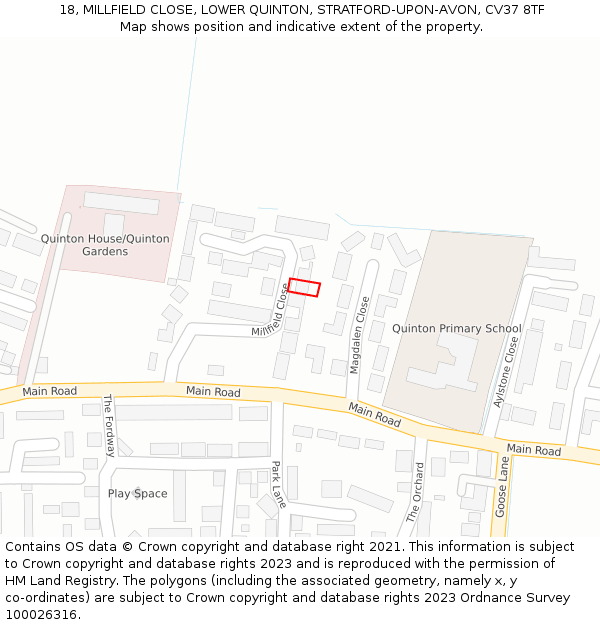 18, MILLFIELD CLOSE, LOWER QUINTON, STRATFORD-UPON-AVON, CV37 8TF: Location map and indicative extent of plot