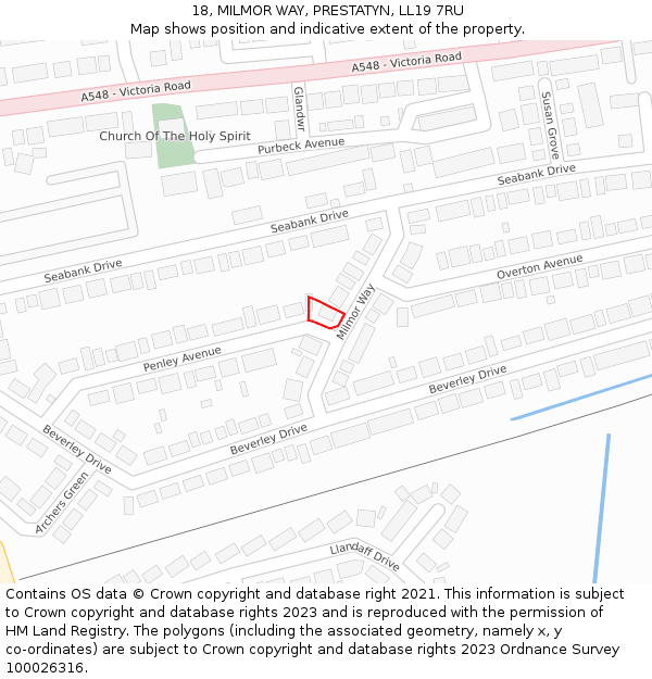 18, MILMOR WAY, PRESTATYN, LL19 7RU: Location map and indicative extent of plot