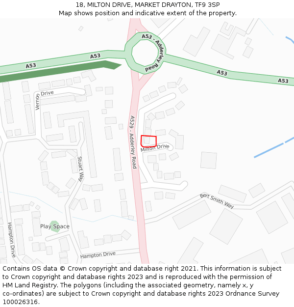 18, MILTON DRIVE, MARKET DRAYTON, TF9 3SP: Location map and indicative extent of plot