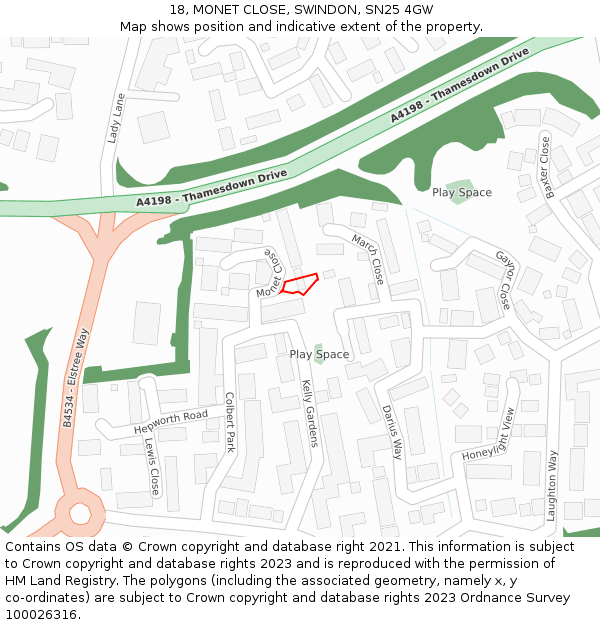 18, MONET CLOSE, SWINDON, SN25 4GW: Location map and indicative extent of plot