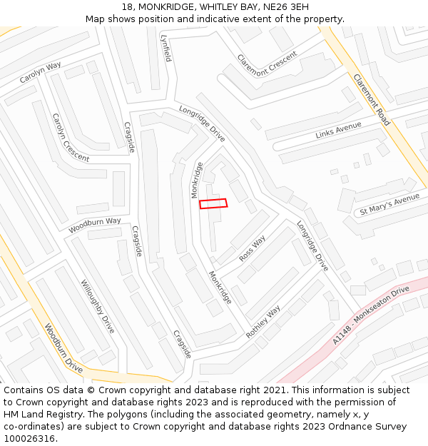 18, MONKRIDGE, WHITLEY BAY, NE26 3EH: Location map and indicative extent of plot