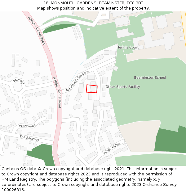 18, MONMOUTH GARDENS, BEAMINSTER, DT8 3BT: Location map and indicative extent of plot