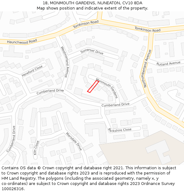 18, MONMOUTH GARDENS, NUNEATON, CV10 8DA: Location map and indicative extent of plot